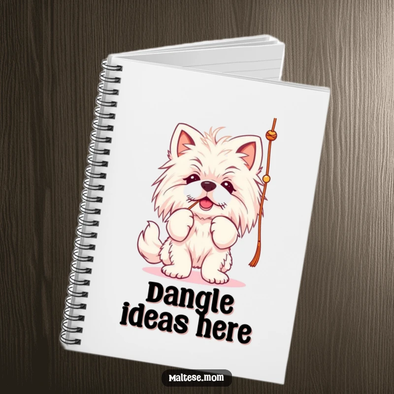 Funny Maltese lady dog notebook, batting at a string, ideal for notes and doodles.