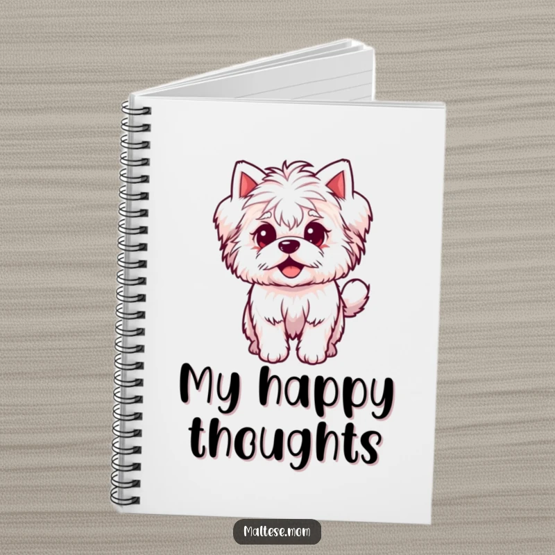 Funny Notebook with a small, fluffy Maltese dog character with an excited wagging tail, ideal for notes and daily planning.