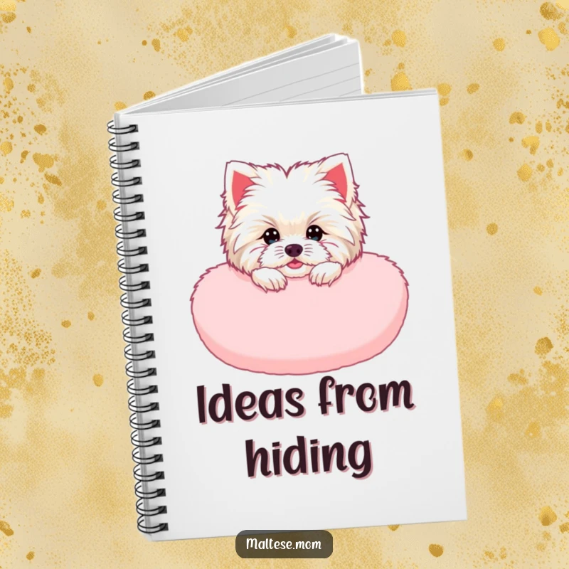 Funny Maltese Lady Notebook: A Maltese dog peeking from a pink cushion, perfect for jotting down funny and cozy entries.