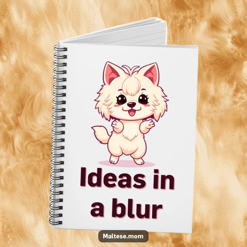 Funny Maltese Notebook featuring a lady dog in an excited spin, perfect for jotting notes with a touch of canine humor.