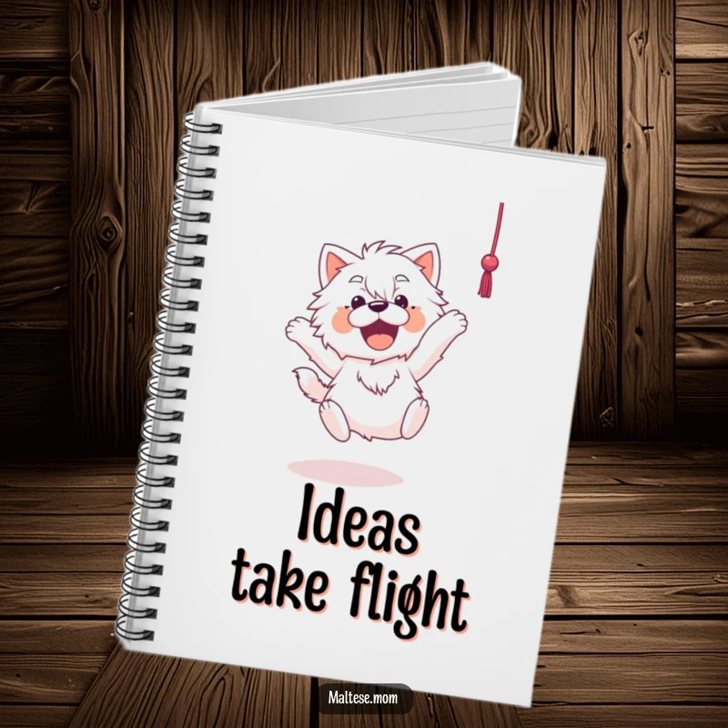 Funny Maltese notebook cover depicting an energetic Maltese dog leaping towards a dangling string, inspiring action and creativity.