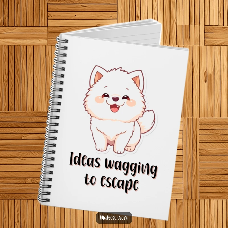 Funny Notebook with a fluffy white dog's enthusiastic tail wag, perfect for jotting down notes with a smile.