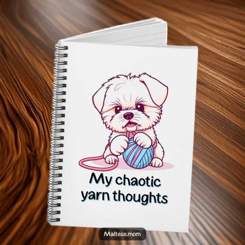 Funny Maltese puppy notebook: a cute dog entangled in yarn, designed for jotting down notes with a side of puppy-related amusement.