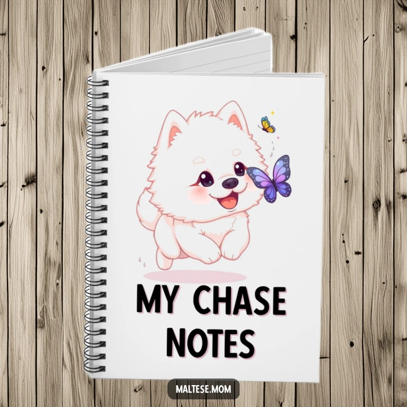 Funny fluffy white dog with playful glint chasing shimmering butterfly on notebook. Playful stationery, ideal funny gift.