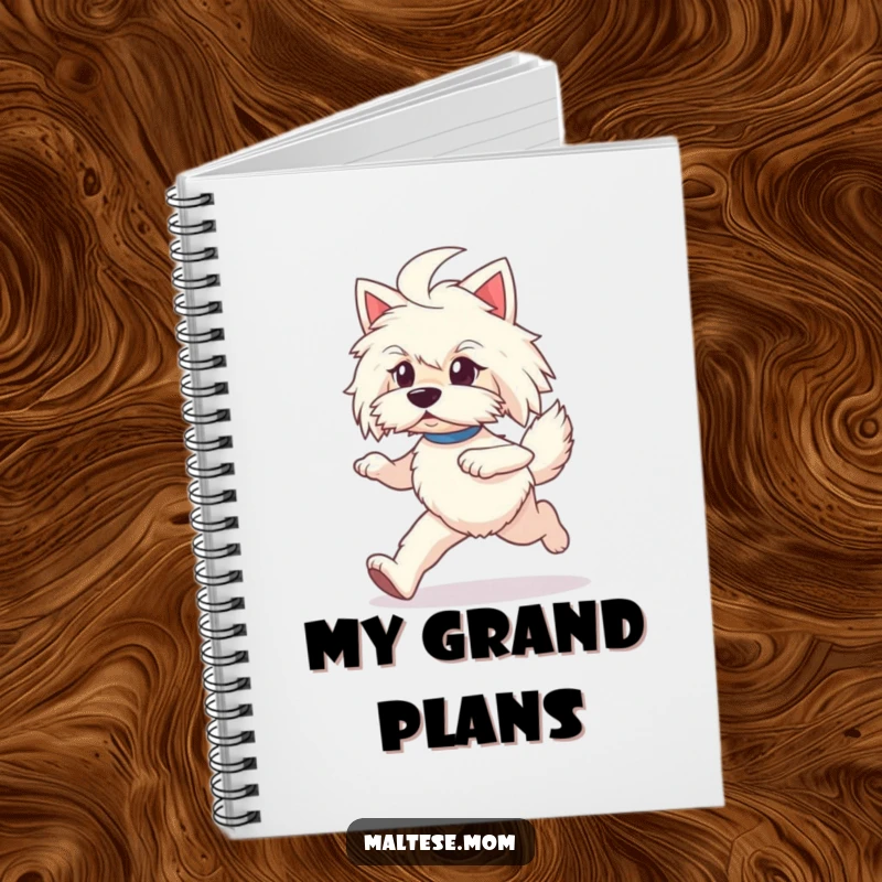 Funny Maltese lady dog notebook, depicted prancing, ideal for note-taking and ideas.