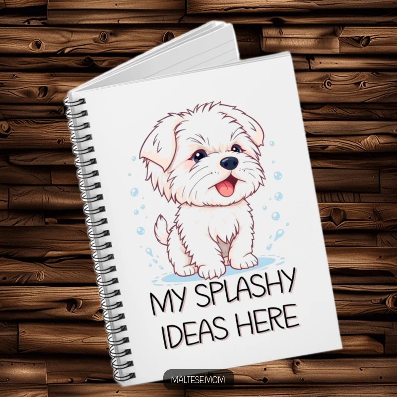 Funny notebook cover with a happy Maltese puppy shaking off water droplets, designed for notes and refreshing thoughts.