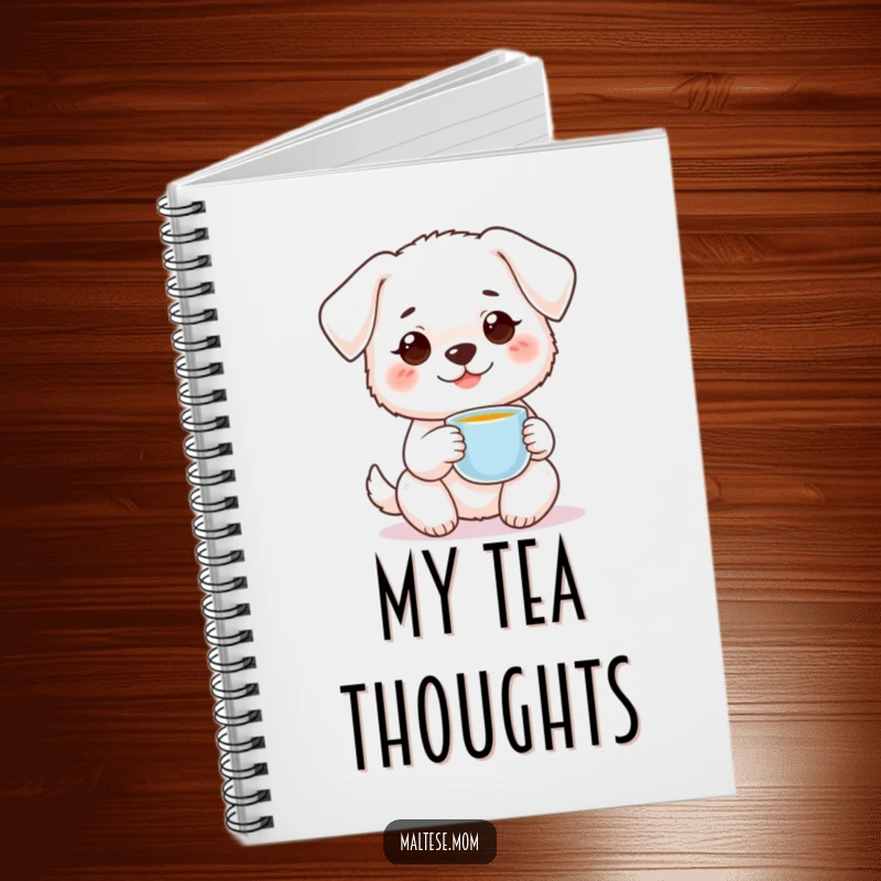 Funny small white dog with sweet smile holding tiny teacup on notebook. Sweet stationery, ideal funny gift.