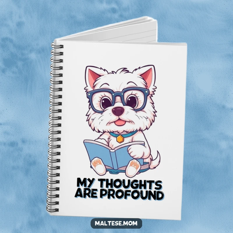 Funny Maltese Dog Notebook: A Maltese dog wearing glasses studies a book, inspiring notes and creative thoughts.