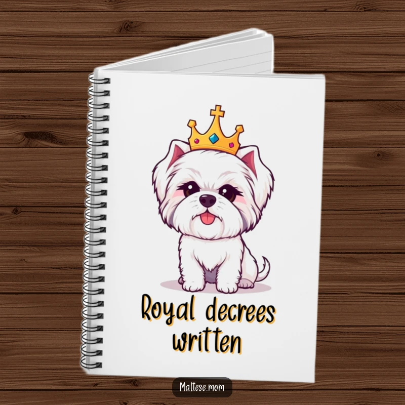 Funny Maltese dog notebook with a cute white dog wearing a small crown, looking regal and amused.
