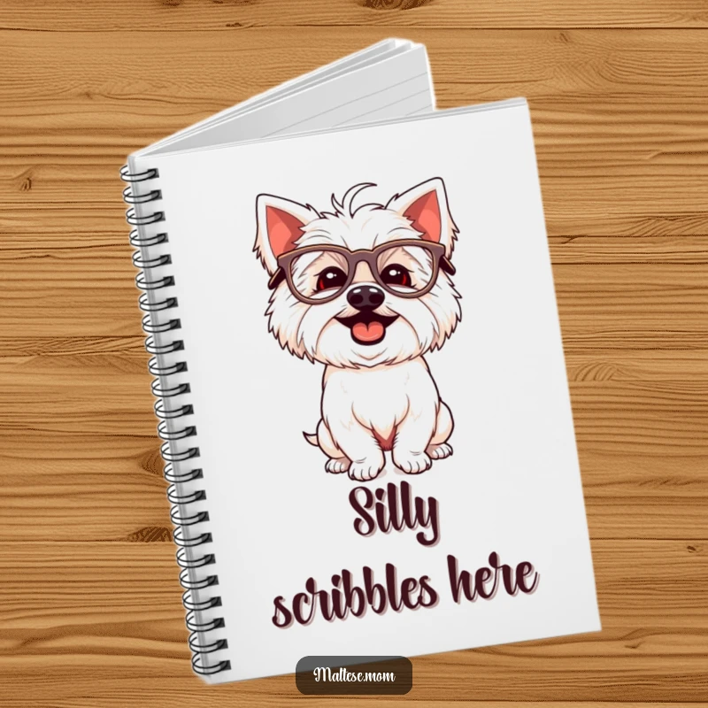 Funny Maltese dog notebook with a giggling white dog wearing oversized glasses and striking a silly pose.
