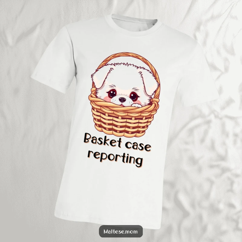 Funny white fluffy dog with curious eyes peeking out from a miniature basket, printed on a comfortable t-shirt, great funny gift.