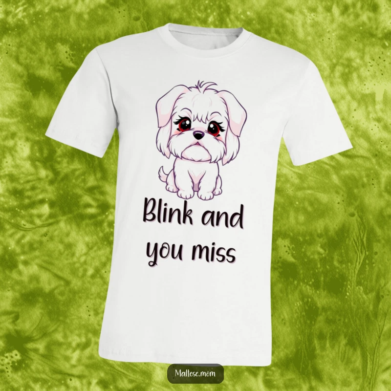 Funny t-shirt showcasing a Maltese dog character with a sweet, innocent blink, ideal for dog lovers and meme enthusiasts.
