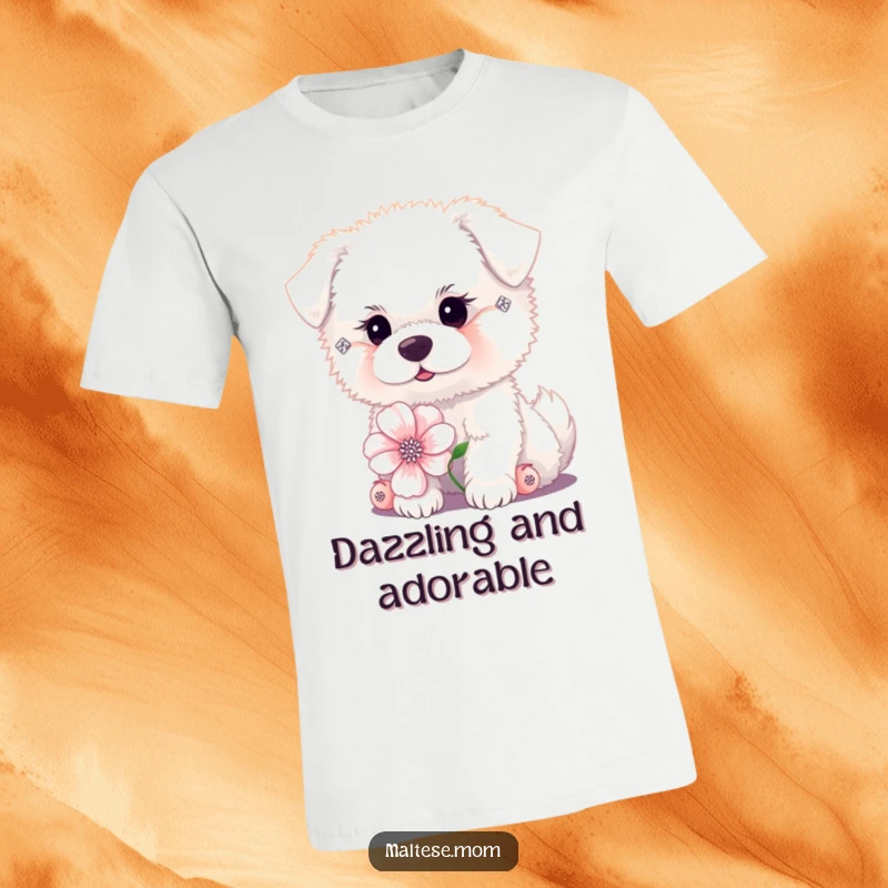 Funny tiny fluffy white dog with diamond earrings posing with a flower on a t-shirt. Posh pet apparel, ideal funny gift.
