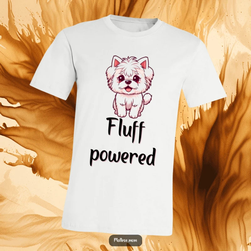 Funny T-Shirt showcasing a small, fluffy Maltese dog character with its tail wagging rapidly in excitement, embodying pure happiness.