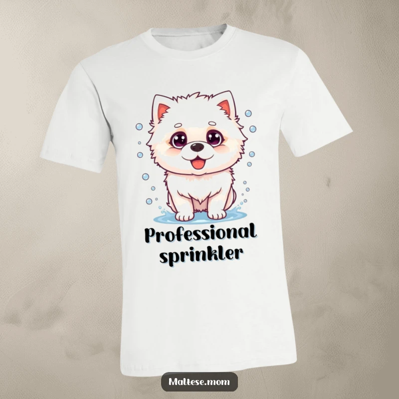 Funny dog t-shirt showcasing a fluffy white dog vigorously shaking, sending water droplets flying in a comedic display.