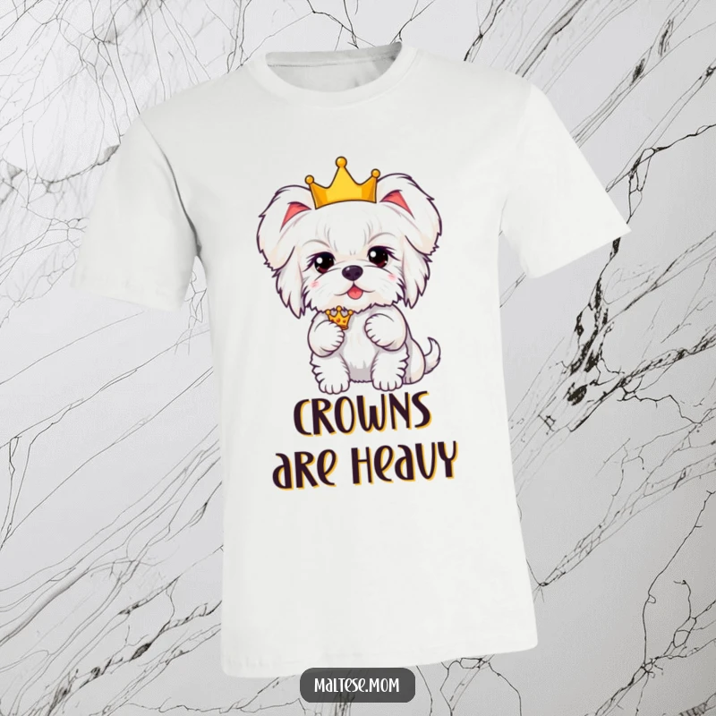 Funny Kawaii Maltese dog wearing a tiny crown, with fluffy ears perked up, looking hilariously majestic.