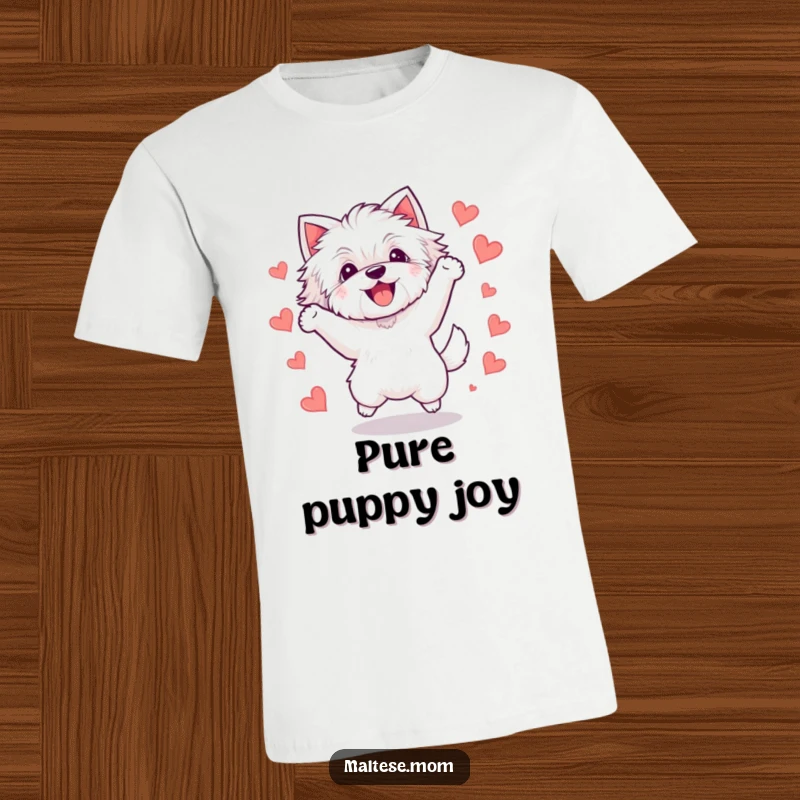 Funny Kawaii Maltese dog T-shirt, depicting a fluffy white dog leaping with exuberant joy, surrounded by small, delicate hearts.