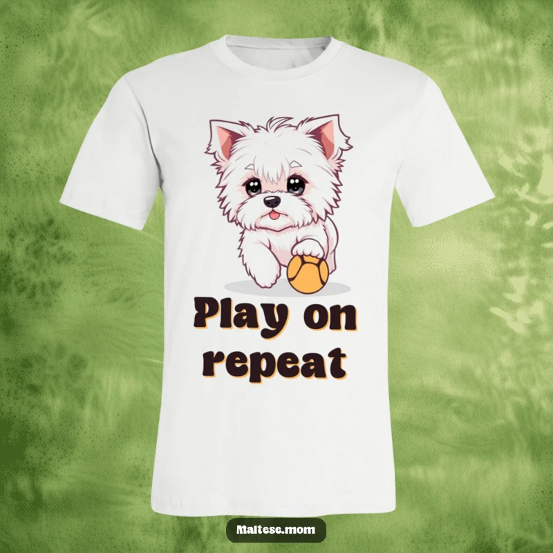 Funny T-Shirt depicting a cute Maltese dog character with bright eyes, playfully chasing a tiny ball, showcasing active joy.