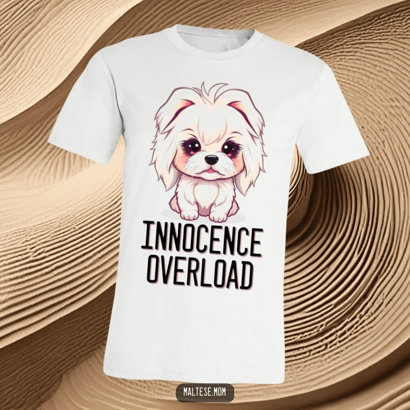 Funny Maltese Lady Dog T-Shirt capturing a sweet, innocent gaze, perfect for expressing gentle emotions and pure charm.