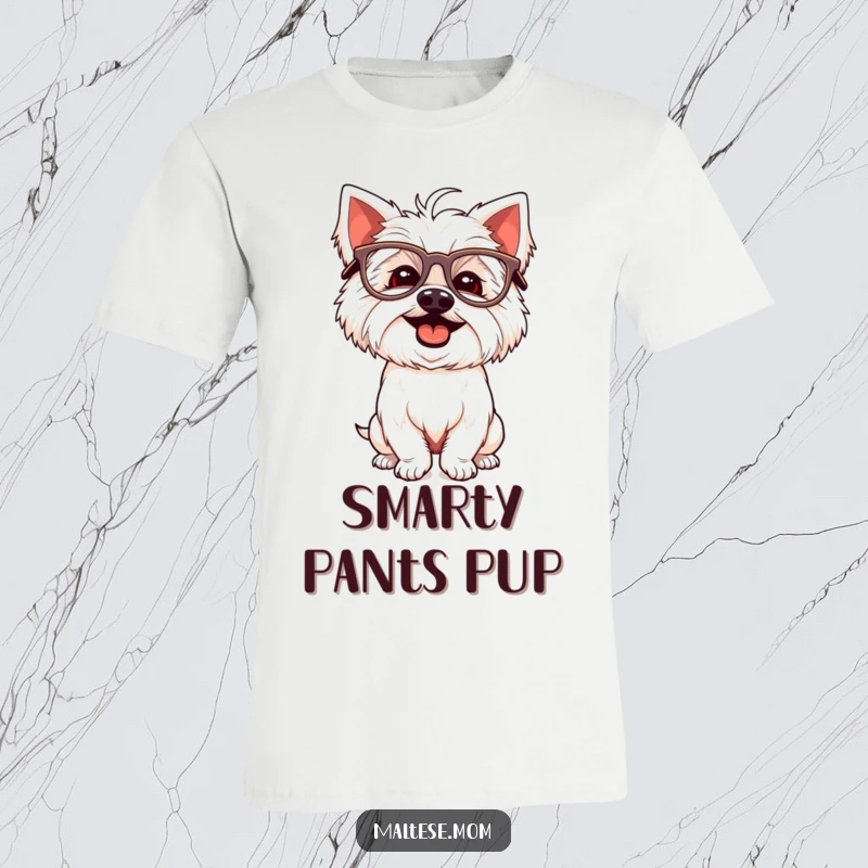 Funny Maltese dog t-shirt of a giggling white dog wearing oversized glasses and striking a comically silly pose.