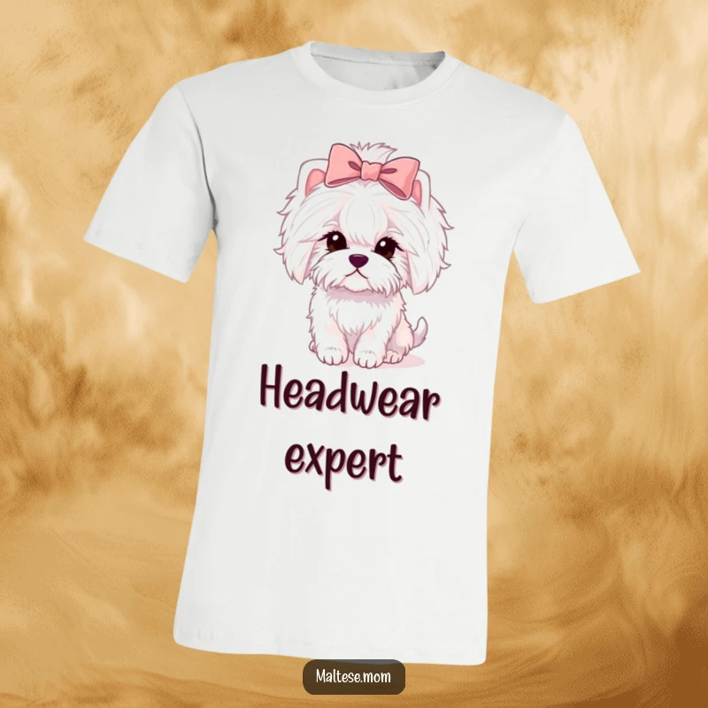 Funny Maltese lady dog t-shirt with a pink bow, prancing elegantly, celebrating canine fashion.