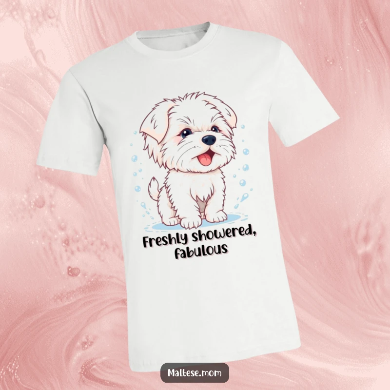 Funny t-shirt showcasing a happy Maltese puppy mid-shake, sending water droplets flying, full of playful energy.