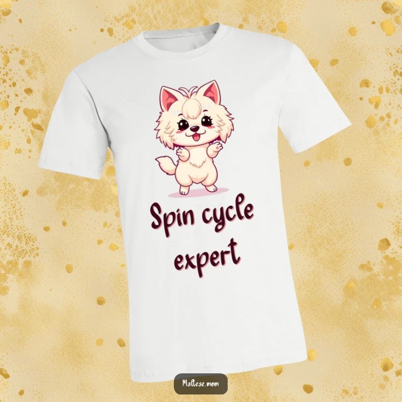 Funny Maltese Lady Dog T-Shirt capturing a hilarious moment of an excited spin, showcasing pure doggy delight and playful movement.