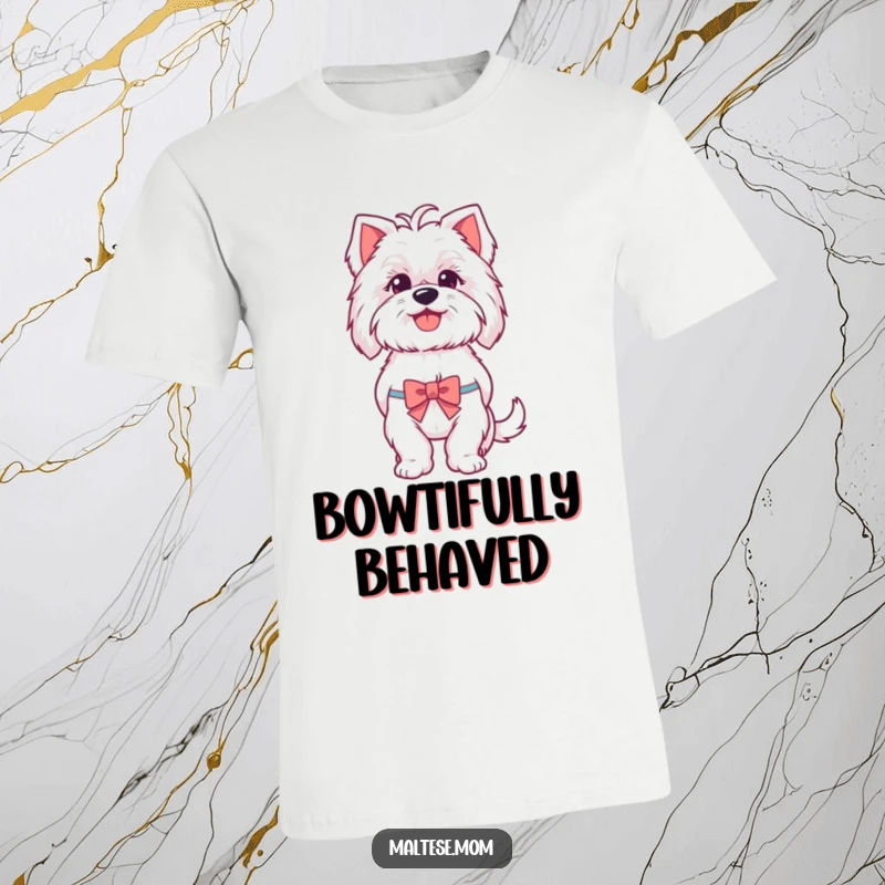 Funny Maltese t-shirt featuring a joyful Maltese dog panting happily while wearing a small, elegant bow, a symbol of playful charm.