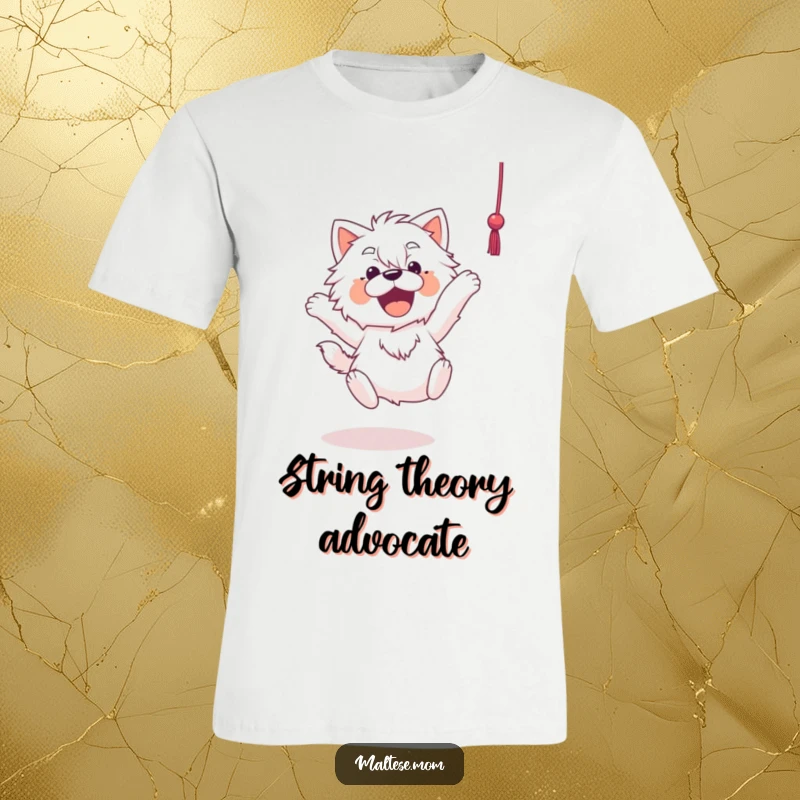 Funny Maltese t-shirt featuring a Maltese dog in full leap, eyes fixed on a dangling string, embodying pure playful excitement.