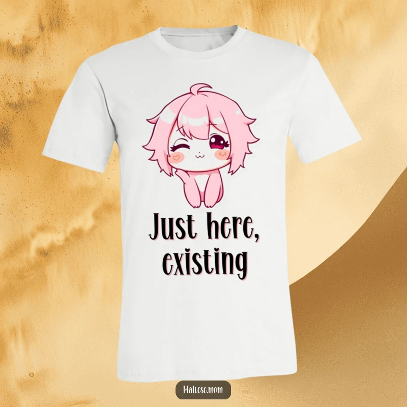 Funny t-shirt with a character displaying a tiny, sweet smile and a slight head tilt, expressing gentle affection and cuteness.