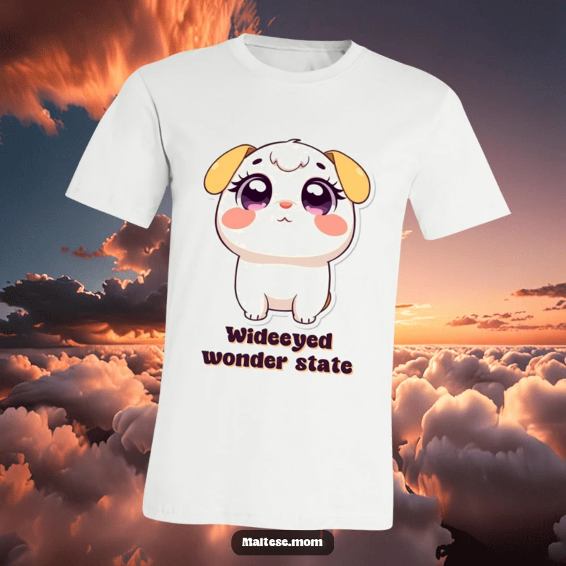 Funny t-shirt featuring an irresistibly cute character with large, wide, sparkling adoring eyes looking upwards, full of wonder.