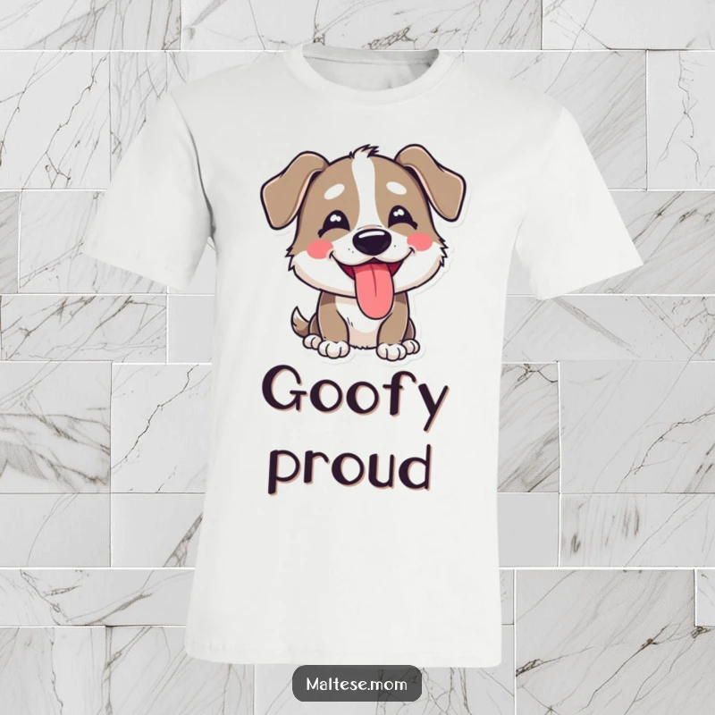 Funny t-shirt depicting a dog character with a happy, goofy expression and its tongue lolling out, showcasing pure delight.