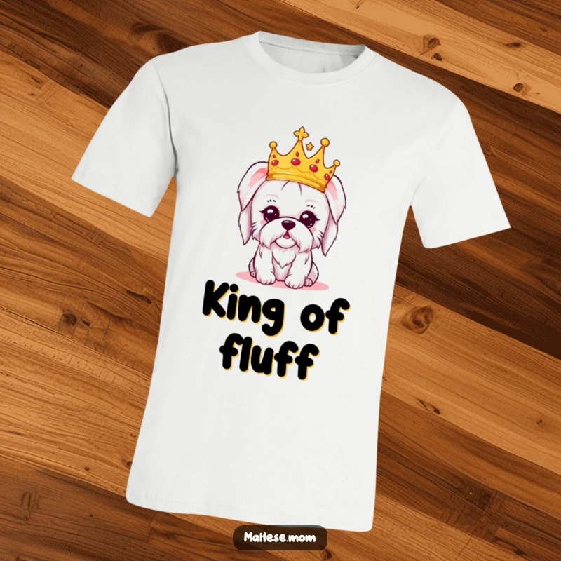 Funny t-shirt featuring a kawaii Maltese dog in a small crown, looking both regal and playfully amused, a top choice for pet owners.