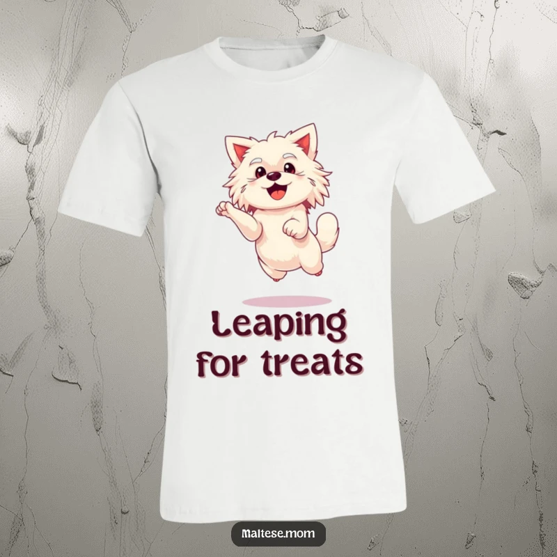 Funny Maltese lady dog t-shirt, performing an enthusiastic leap, full of life and happiness.