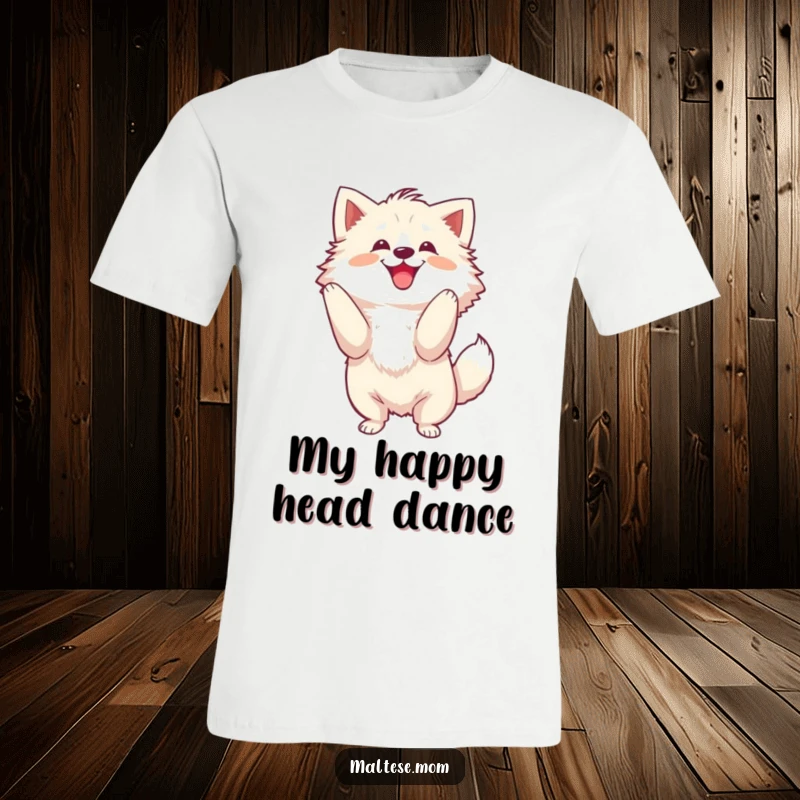 Funny T-Shirt of a fluffy dog performing an energetic and joyful head shake, expressing pure exuberance.
