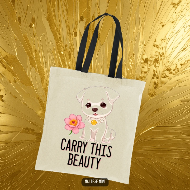 Funny small white dog with a pearl necklace sniffing a flower on a tote bag. Chic pet accessory, ideal funny gift.