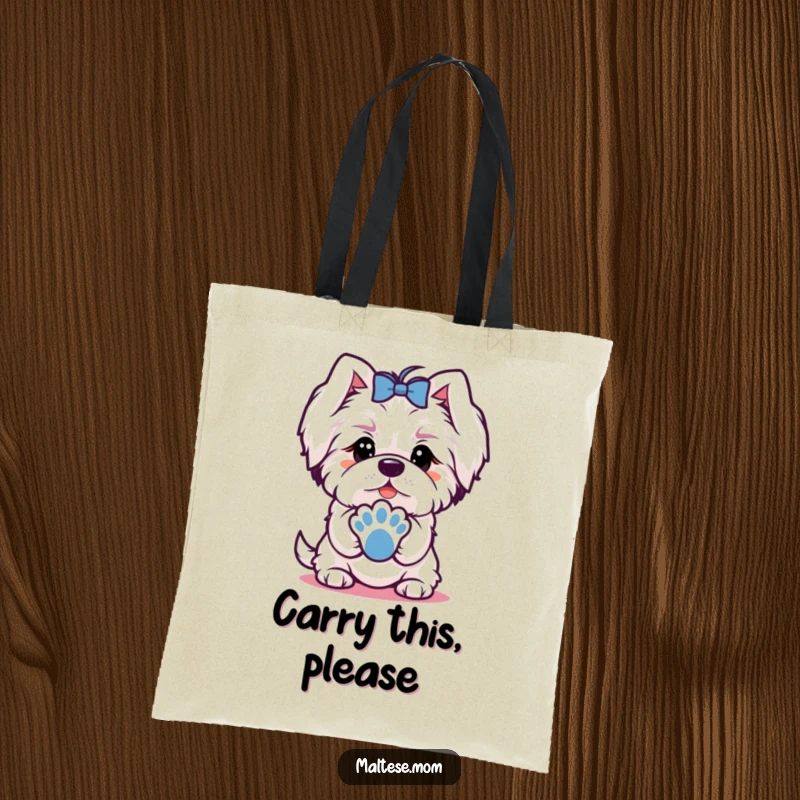 Funny tote bag featuring a Maltese dog character offering a paw with a charming look, perfect for carrying daily items.
