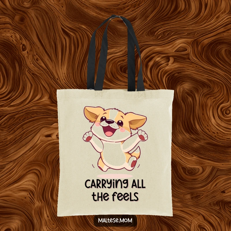 Funny Tote Bag: A dog joyfully leaps into the air, showcasing pure excitement and playful energy for everyday use.