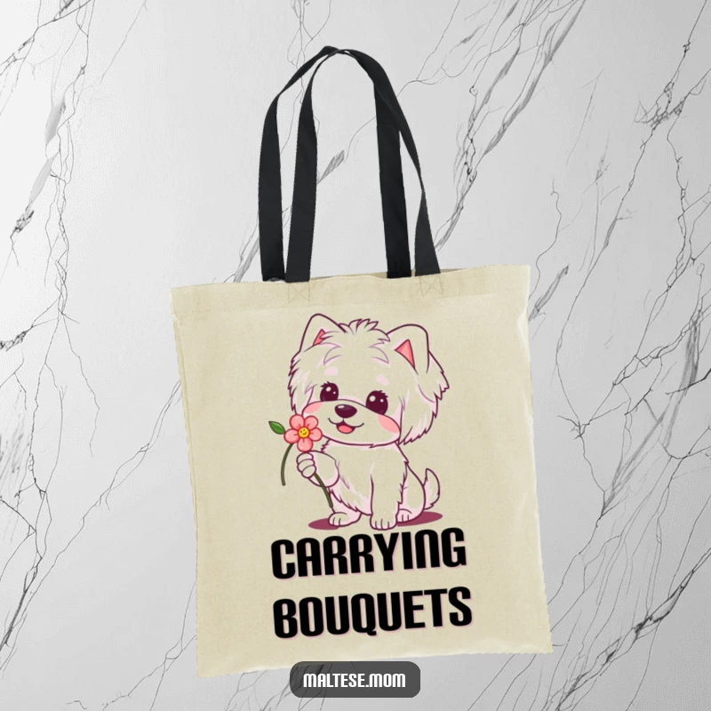 Funny Maltese Dog Tote Bag: Cute dog offering a flower with a sweet smile, making it a humorous and charming accessory.