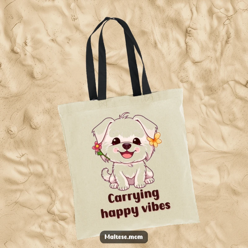 Funny Maltese dog tote bag with a happy white dog wearing a flower, its tail wagging joyfully.