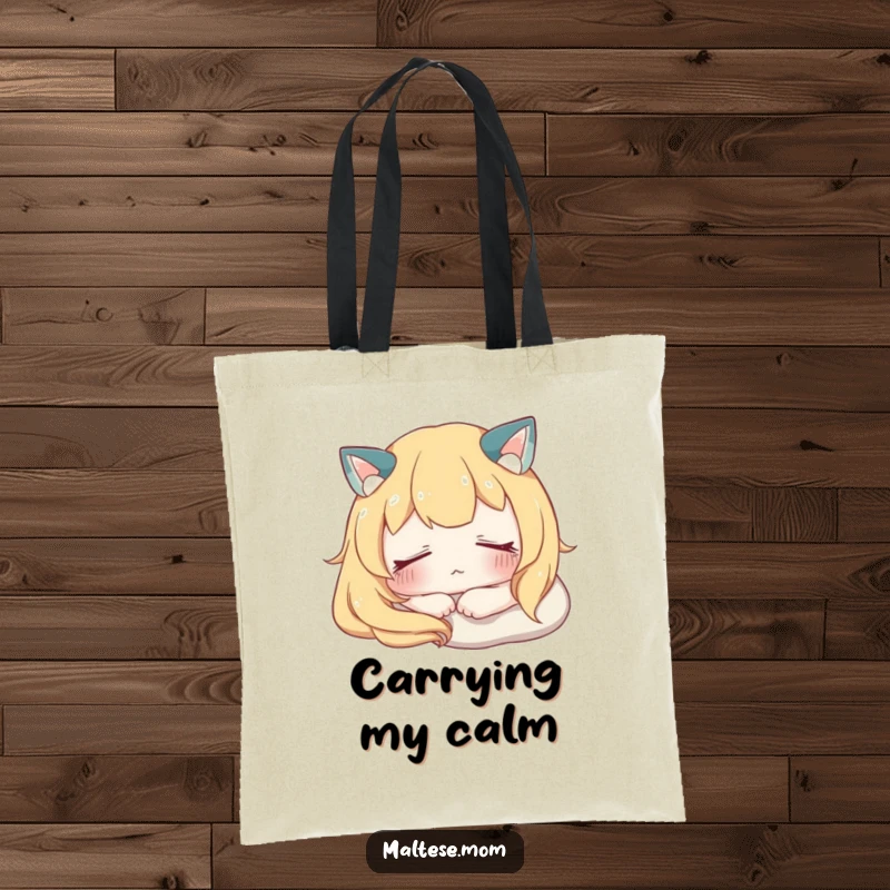 Funny Tote Bag featuring a character resting peacefully with eyes softly closed, symbolizing tranquility and a moment of quietude.