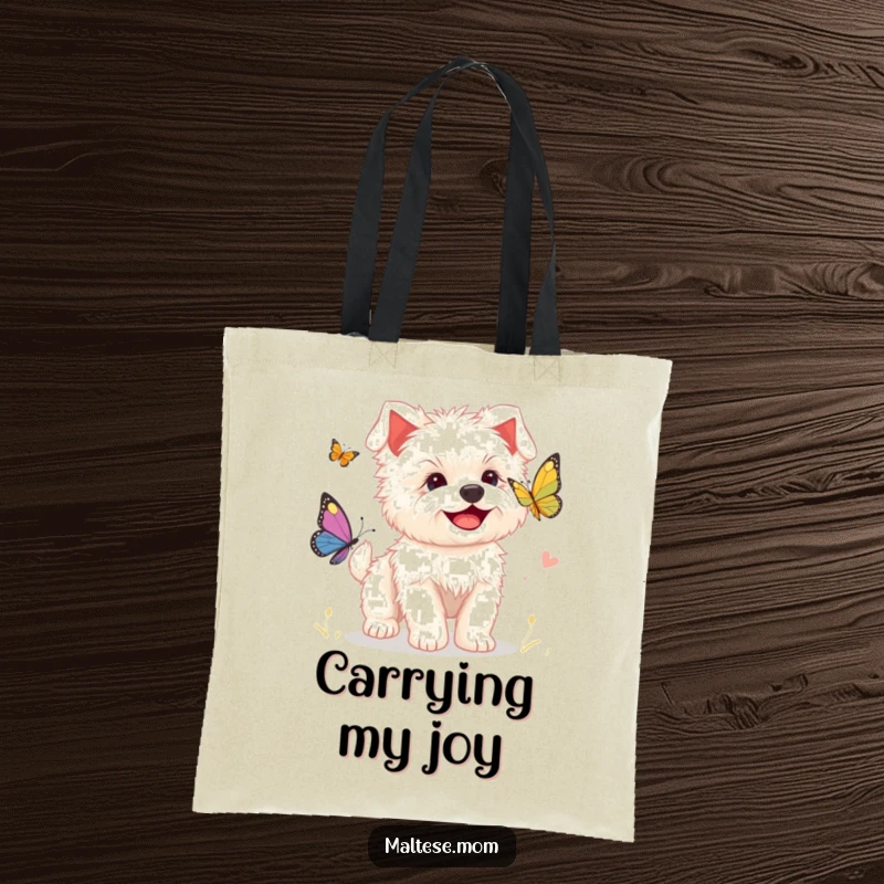 Funny tote bag showcasing a happy Maltese puppy chasing a butterfly, perfect for errands and cute, playful moments.
