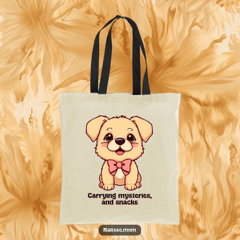 Funny Tote Bag showcasing a small dog with a bow tilted head, radiating curiosity and playful charm.