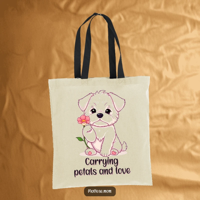 Funny Maltese puppy sits with paws up, offering a flower, featured on a charming and practical tote bag.