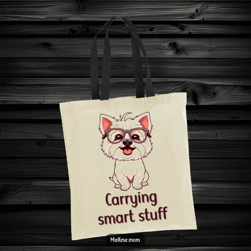 Funny Maltese dog tote bag with a giggling white dog wearing oversized glasses and striking a silly pose.