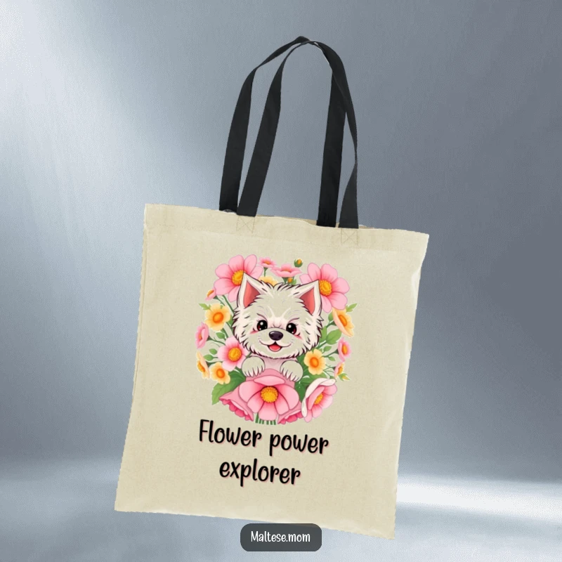 Funny Maltese tote bag illustrating a smiling Maltese peeking from behind a large, vibrant flower arrangement, perfect for carrying daily items.