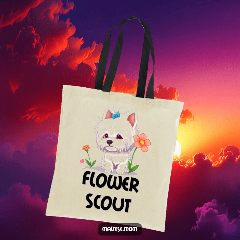 Funny Maltese Lady Tote Bag: A cute Maltese dog curiously sniffing a vibrant flower, a funny and functional accessory.