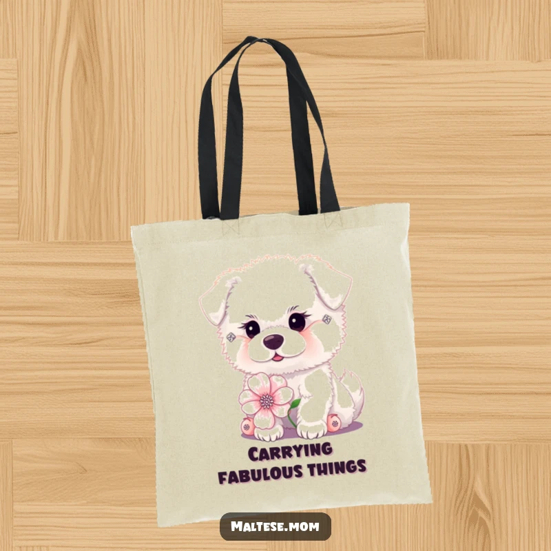 Funny tiny fluffy white dog with diamond earrings posing with a flower on a tote bag. Chic pet accessory, ideal funny gift.