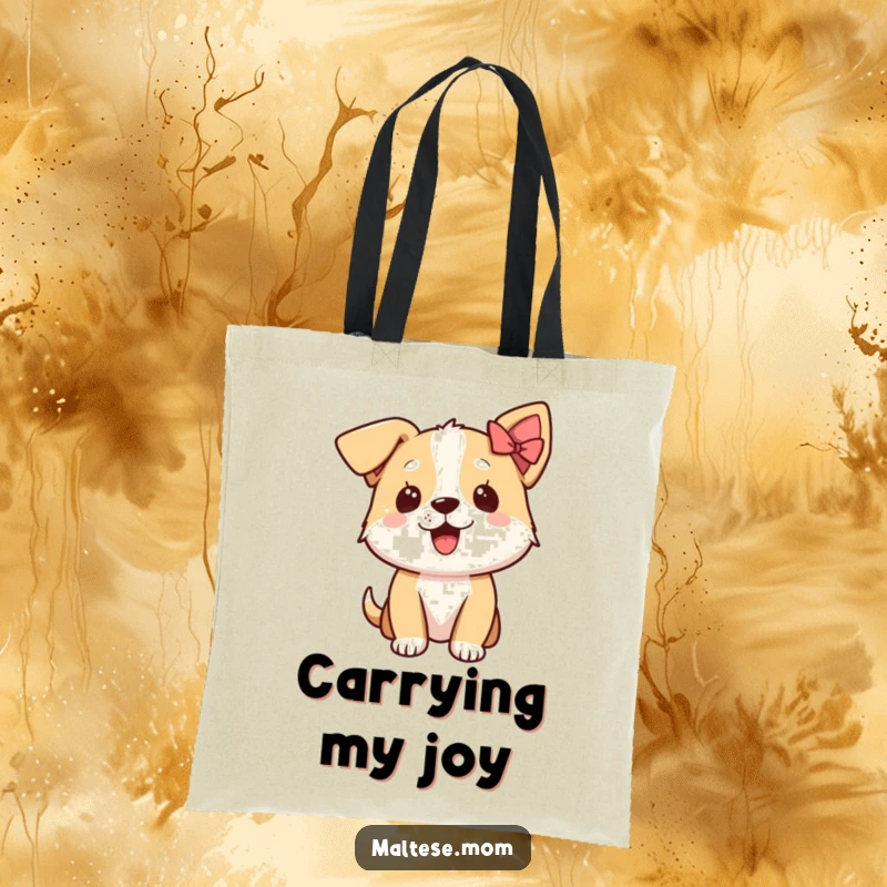 Funny tote bag featuring an excited dog character with a small bow on its ear, exuding pure, unadulterated happiness.