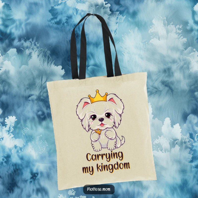 Funny Kawaii Maltese dog holding a tiny crown, with fluffy ears perked up, a humorous and stylish tote bag.